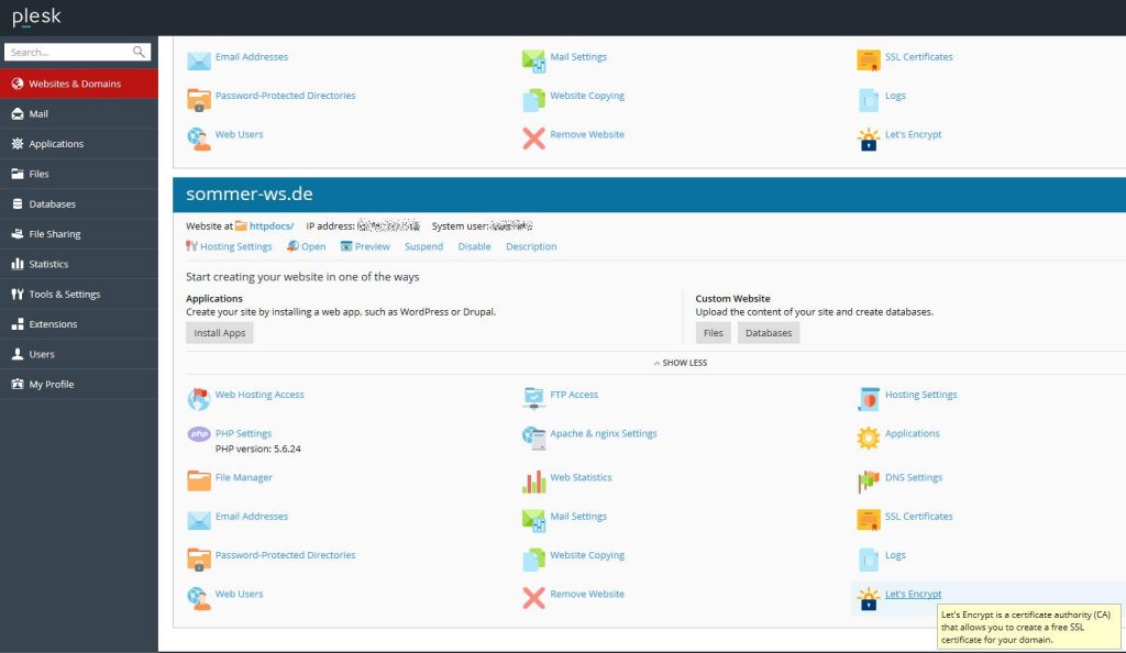 2. zur Domain wechseln und Let&#039;s Encrypt aufrufen