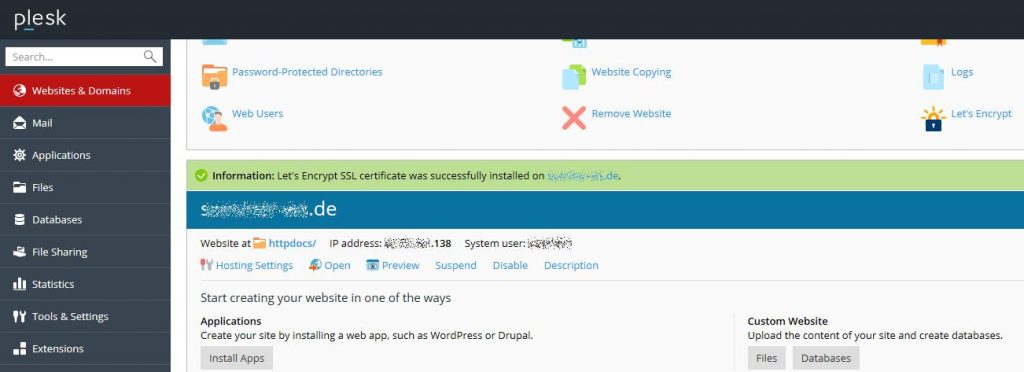 2.4 Das Let&#039;s Encrypt SSL-Zertifikat wurde erfolgreich für die Domain xyz.de installiert