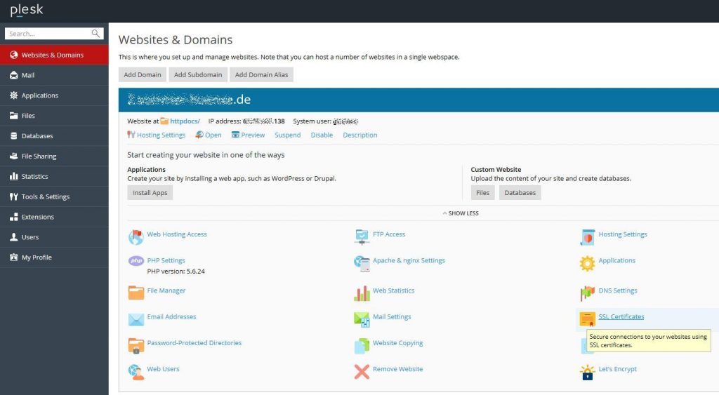 3.1 In der Domainverwaltung auf das Icon SSL-Certificates doppelklicken