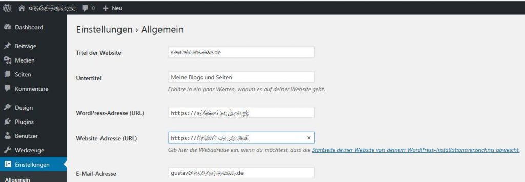 7.1 im Dashboard von WordPress die Adressen von https:// auf https:// umstellen